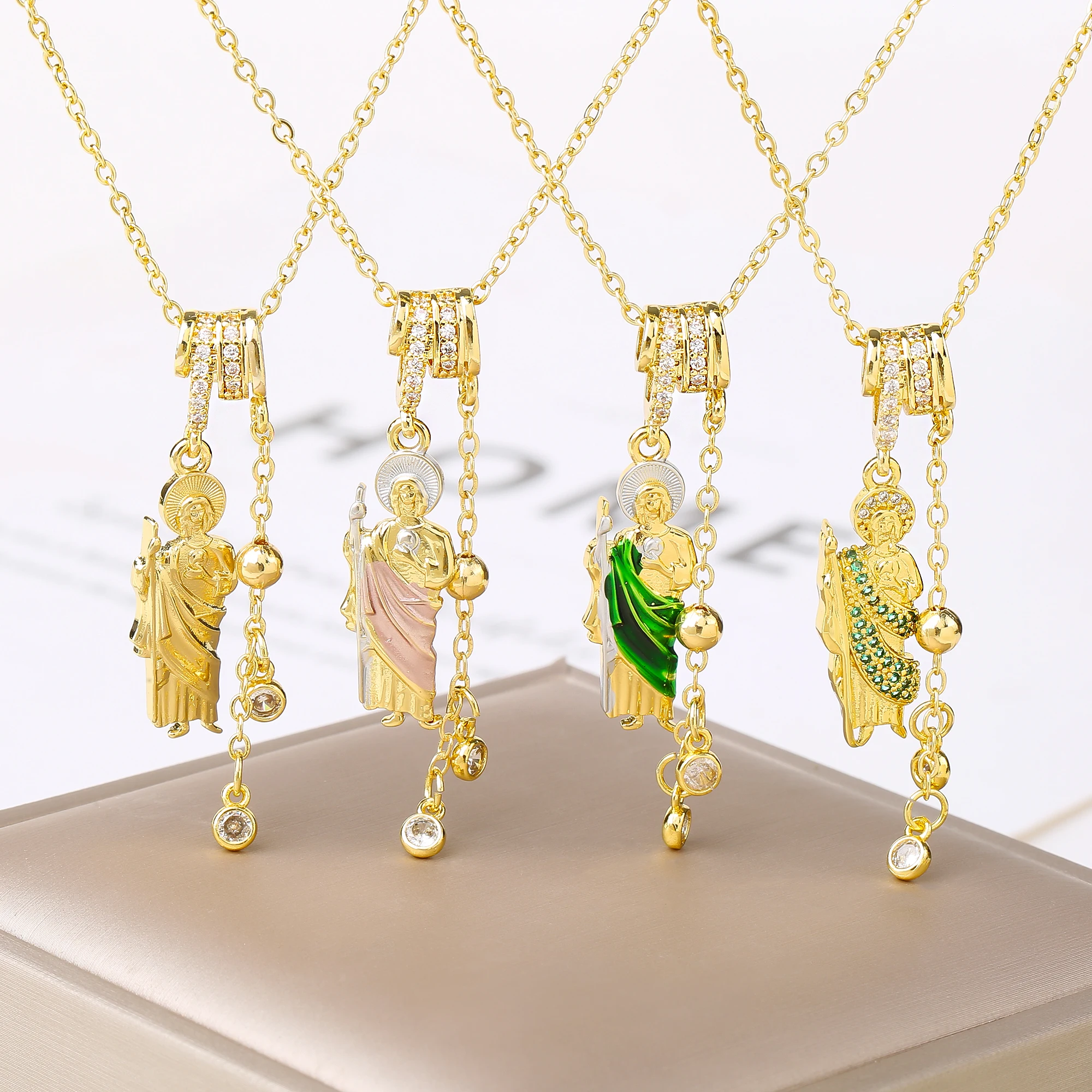 San Judas Tadeo Pendant Necklace Enamel Art Saint Jude Religious Necklace Cubic Zirconia Catholic Faith Jewelry Gift For Women