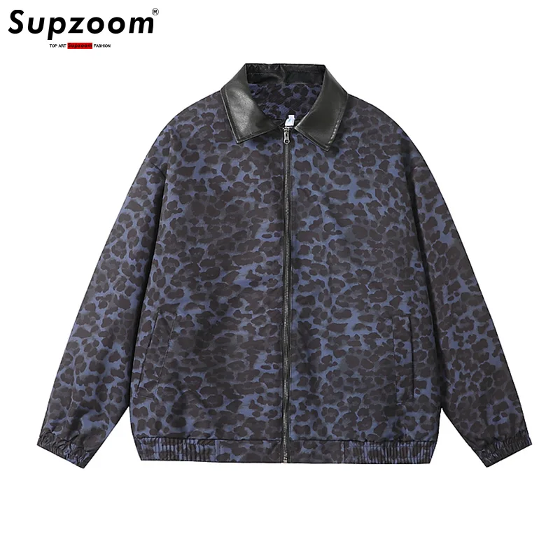 Supzoom New Arrival Casual Popular Trendy Spring And Autumn Fashion High Sense Leopard Print Fake Stitching PU Skin Jacket Men