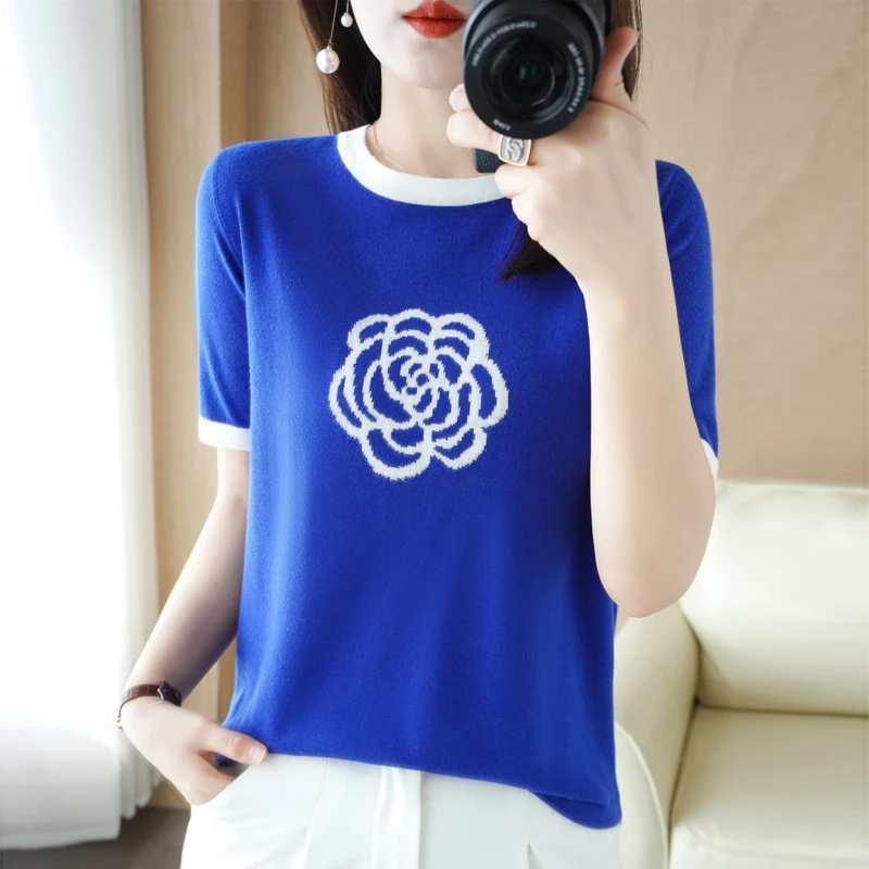 Spring/Summer New High-End Women\'s Pullover Patchwork Color Camellia Embroidery Fashion Short-Sleeved T-Shirt Knitted Top