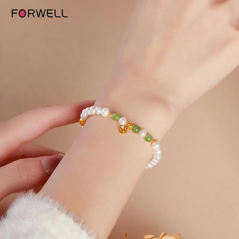 FORWELL Women's Freshwater Pearl And Jade Bracelet with Good Luck Beads Light Luxury High-End Natural Sterling Silver