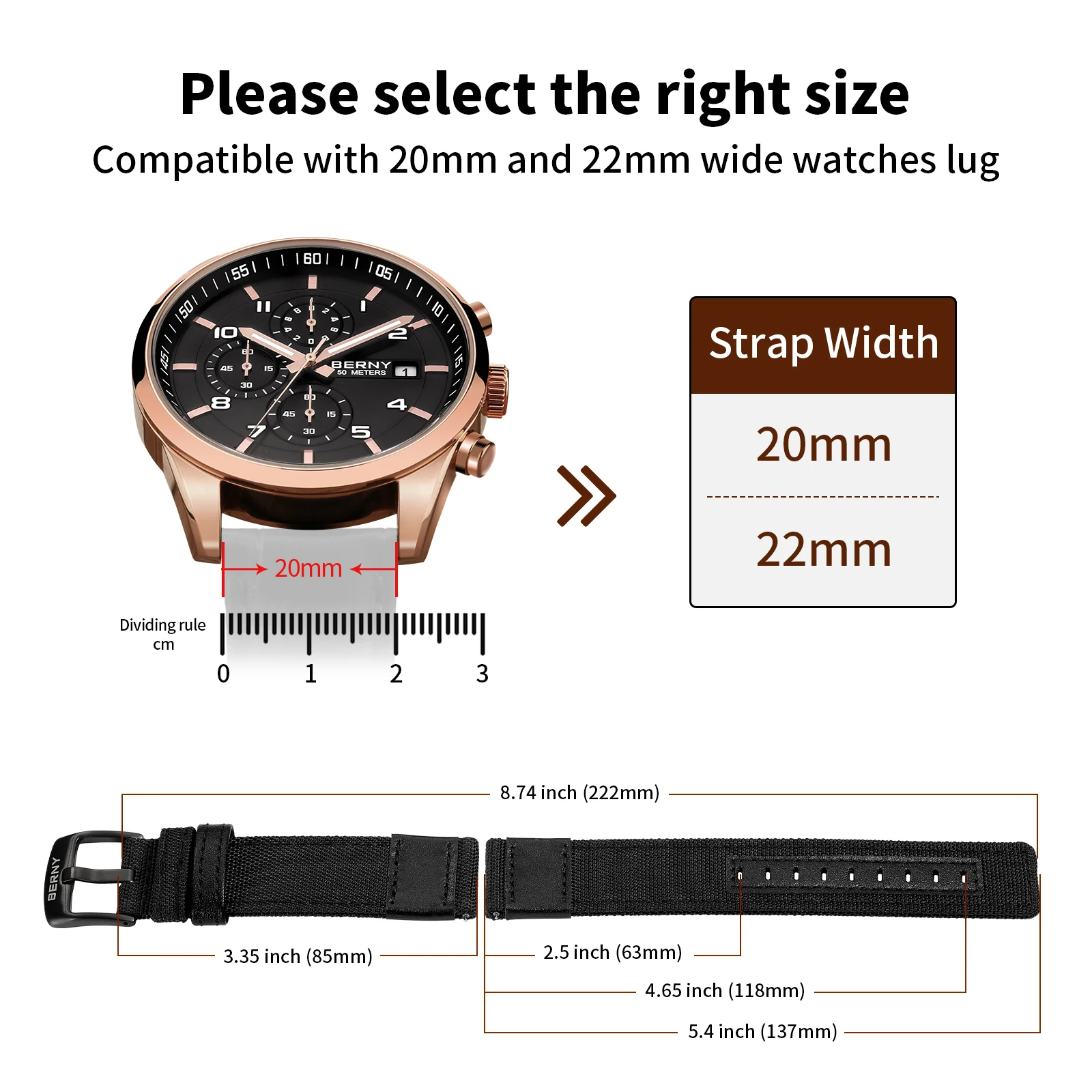 BERNY 20/22 mm Nylon-Uhrenarmband, atmungsaktiv, Sport-Uhrenarmbänder, gewebtes Nylon-Armband, Haltbarkeit, Stahlschnalle, werkzeugloses Uhrenarmband – Detail 10