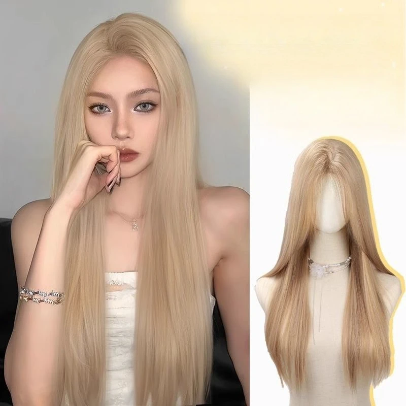

Full Head Synthetic Wig for Women [Milk Tea Gray Gold] Long Straight Hair Small Lace Fashionable Demeanor