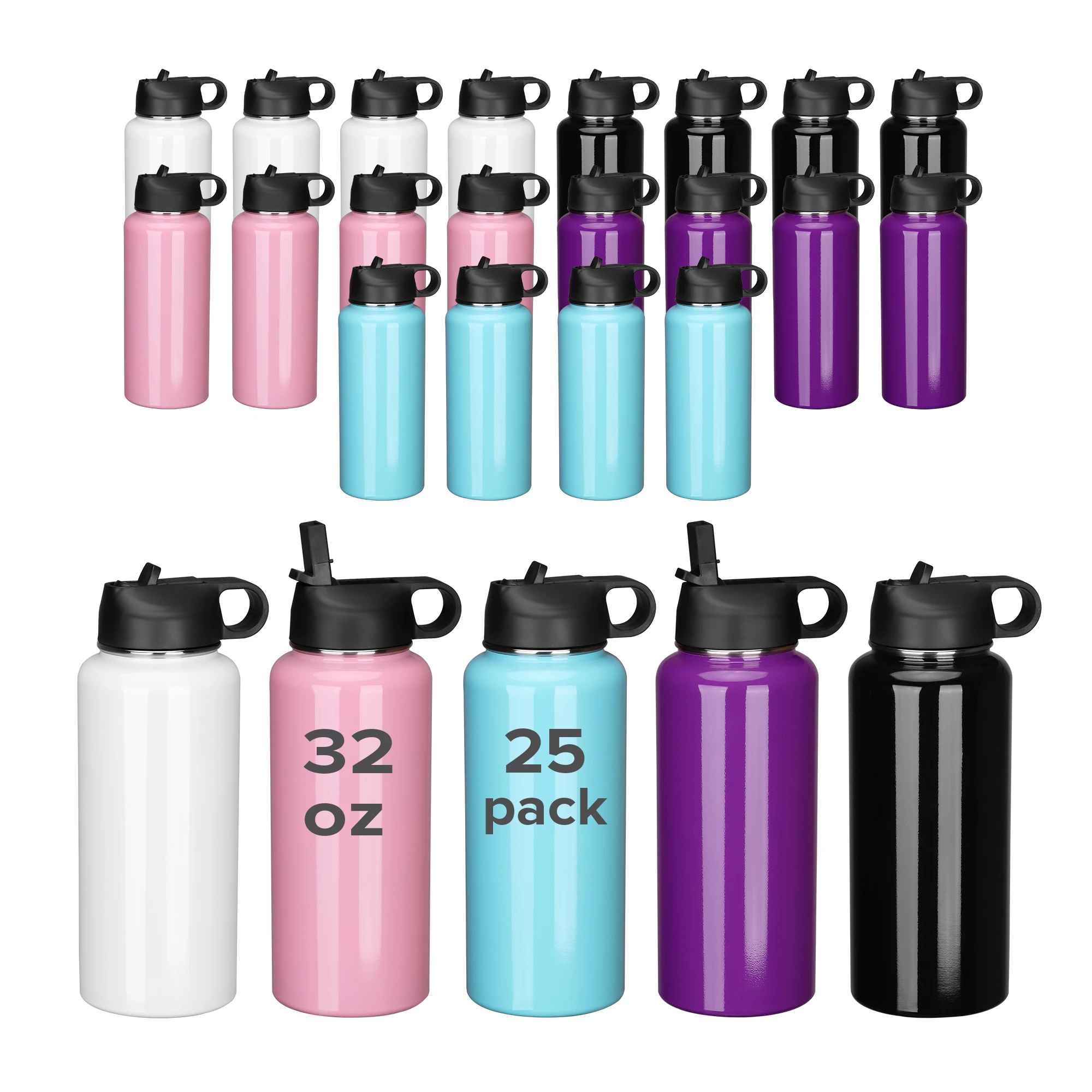 32OZ Powder Coated Sport tumbler-Straight & Large,Vacuum Insulated Water Bottle with handle Cover,Perfect for Engraving,25 Pack