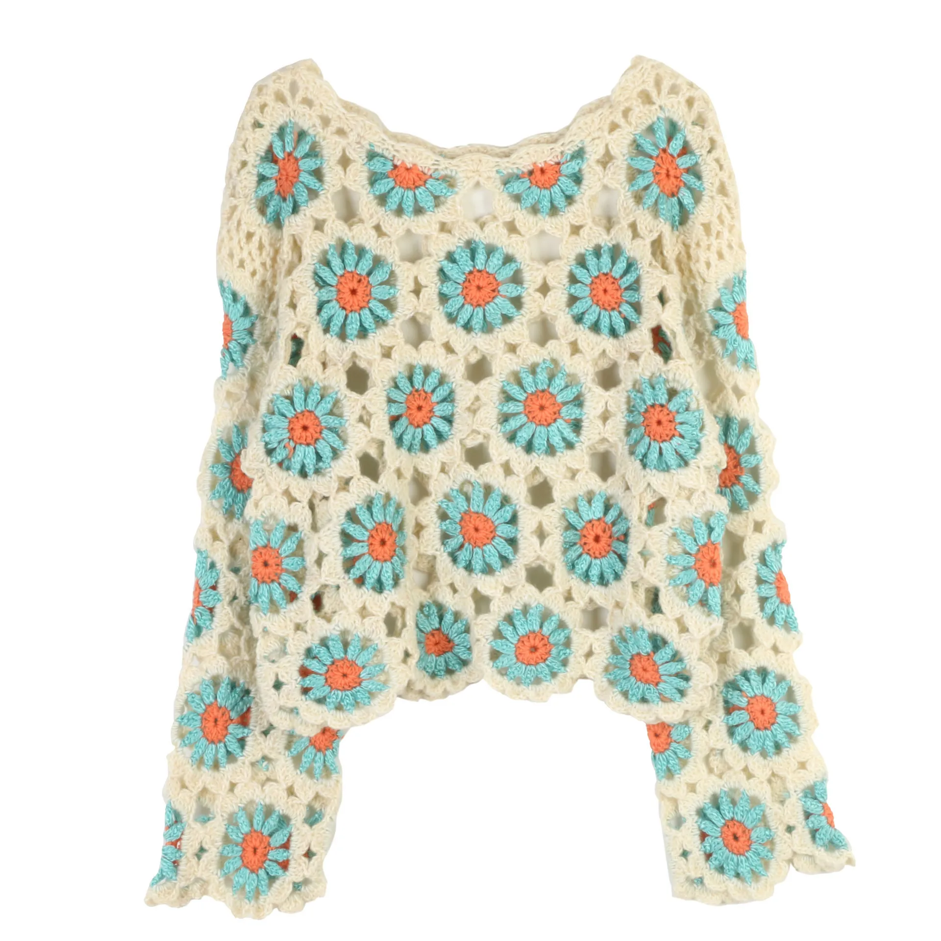 

Crochet Pullover Sweater Female Heavy Industry Hand Hook Flower Short Pullover Autumn and Winter Cropped Sweater Female