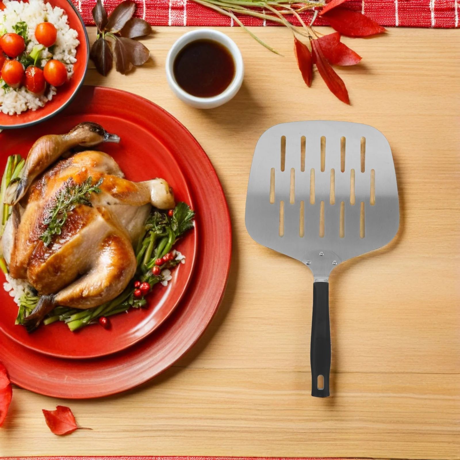 

Stainless Steel Pizza Peel Perforated Slotted Design Lightweight Comfortable Handle Pizza Oven Turner Non Stick Heat Circulation