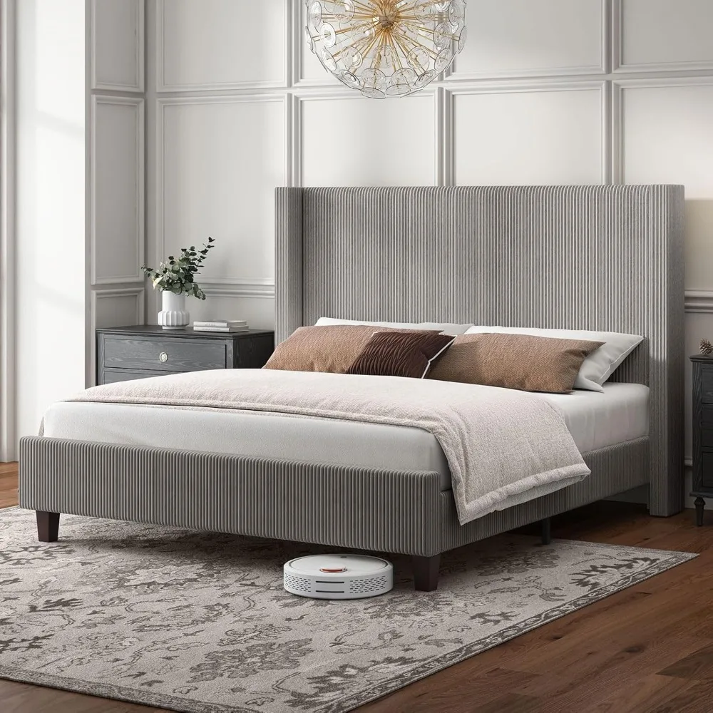 

Queen Size Upholstered Platform Bed Frame, Wingback Bed with 50.8 Headboard, Corduroy/Solid Wood Leg/No Box Spring Needed/N