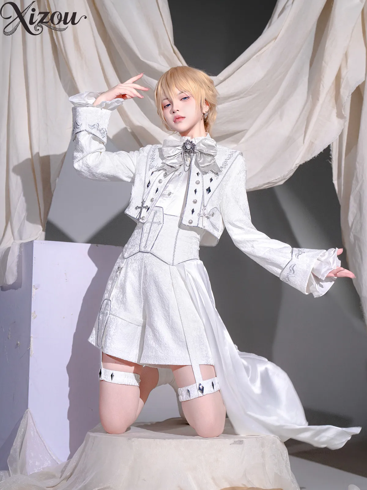 Women Military Ouji Lolita Prince 2 Piece Set Stand Collar Bow Cross Corset High Waist Short Train Victorian Cosplay Outfit