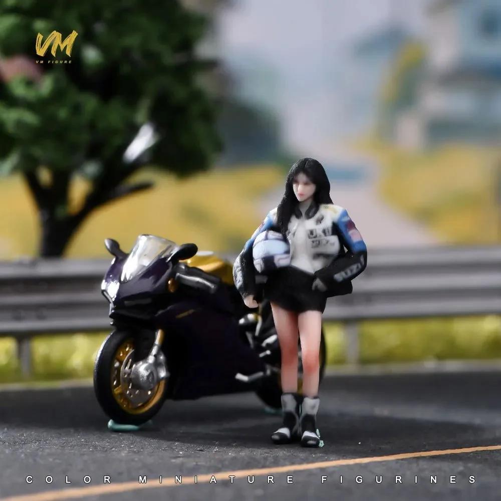 VM 1/64 Scale Helmet Holding Motorcycle Cool Girl Miniature Ornaments 3D Color Printed Resin Figures Diorama Model Decorations
