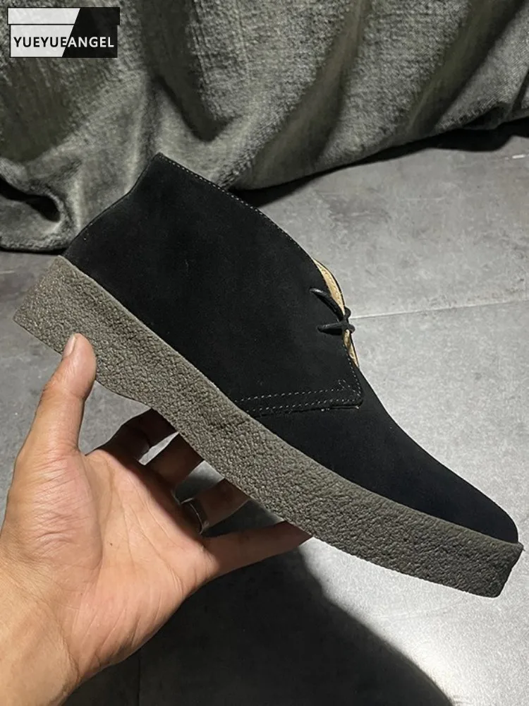 British Style Cow Suede Round Toe Hard Wearing Platform Casual Shoes Retro Solid Color Genuine Leather Lace-Up Male Footwear