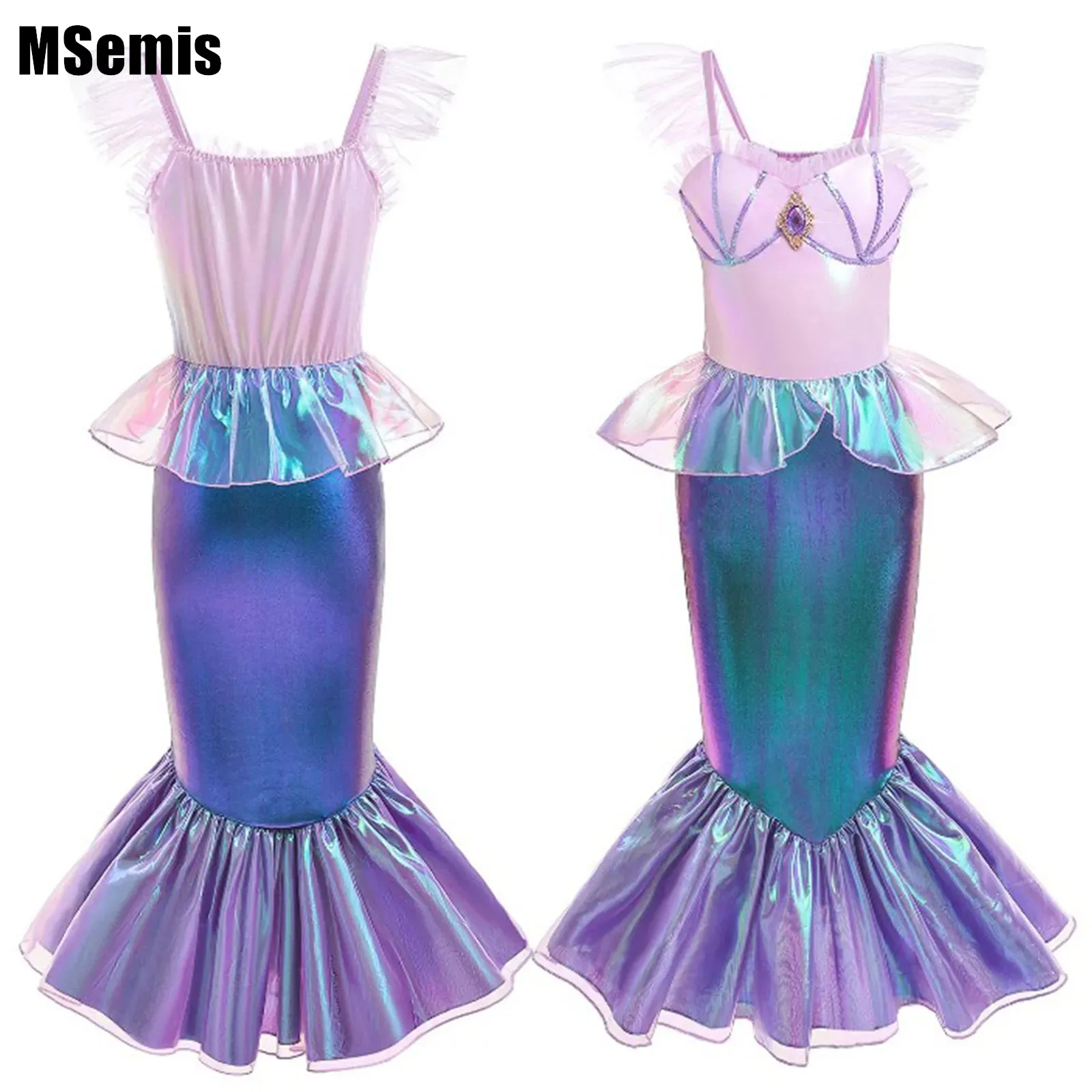 

Kids Girls Mermaid Dress Halloween Cosplay Sleeveless Shiny Metallic Flounce Fishtail Skirt Birthday Performance Dress