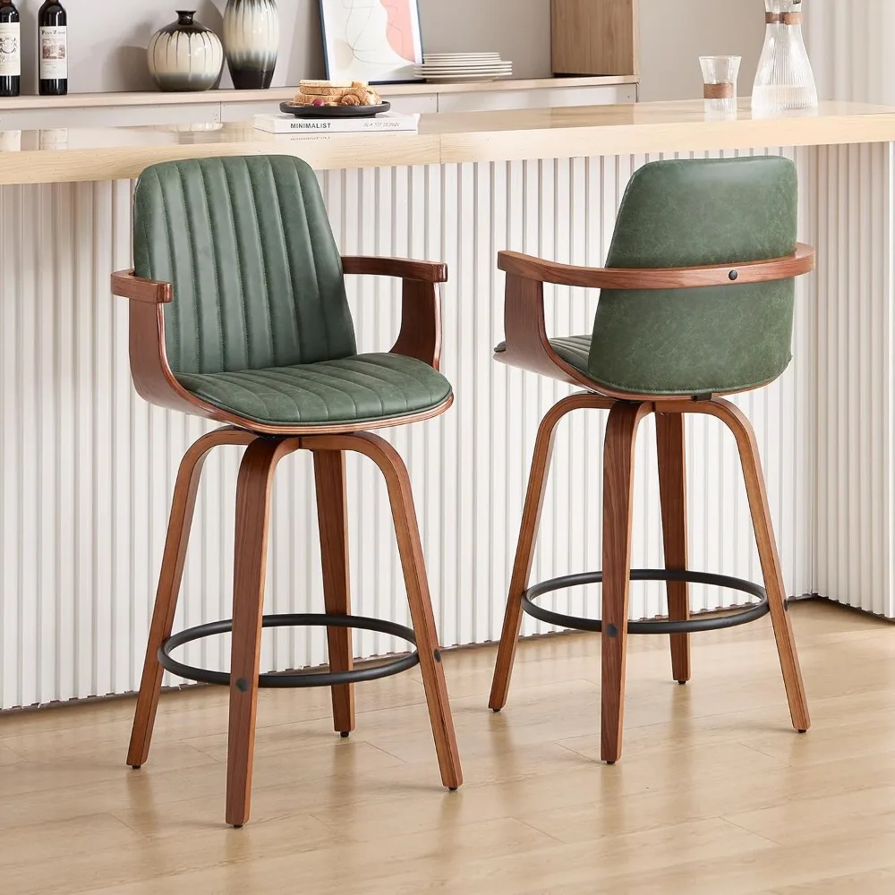 Counter Height Bar Stools Set of 2, 26 Swivel Bar Stools with High Backs and Arms, Modern PU Leather Bar Chairs for Kitchen Isla
