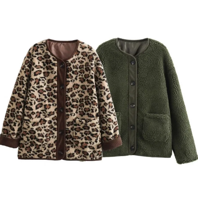 Mulheres leopardo impresso casacos em torno do pescoço único breasted outerwear outono inverno feminino bolsos manga longa topos senhora cardigan