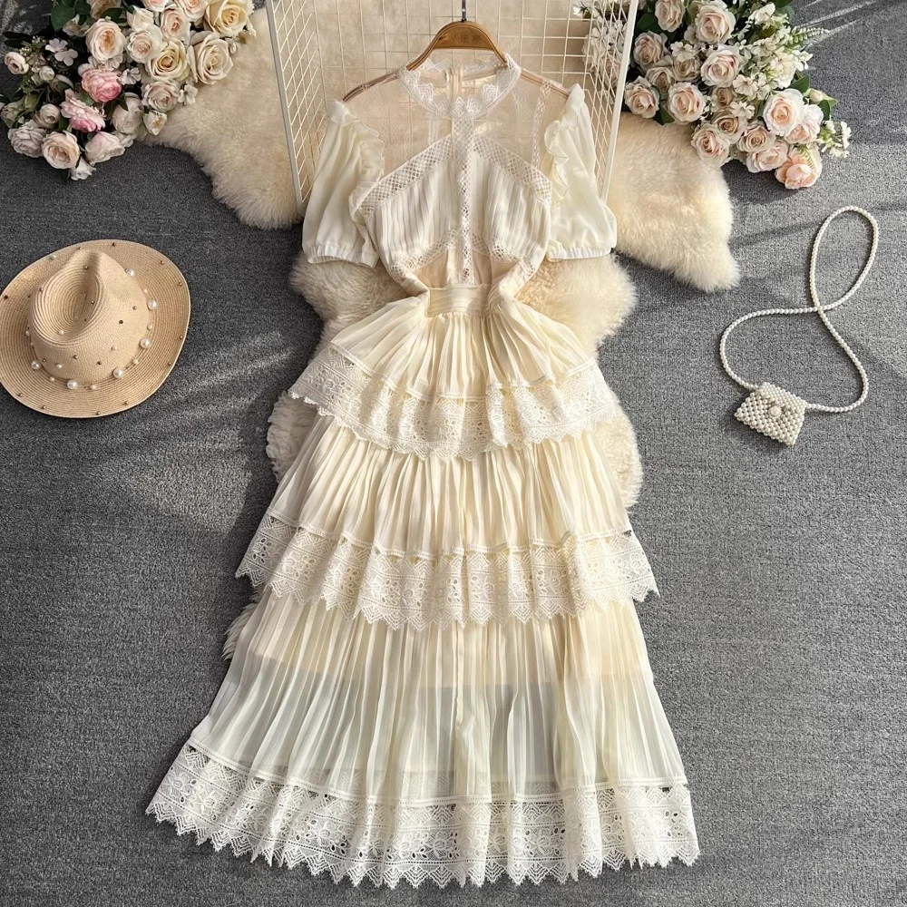 MYSIMLOCHIC Summer Elegant Lace Pleated Chiffon Cake Dress Women's Short Puff Sleeve High Waist Evening Party Long Vestido Beige