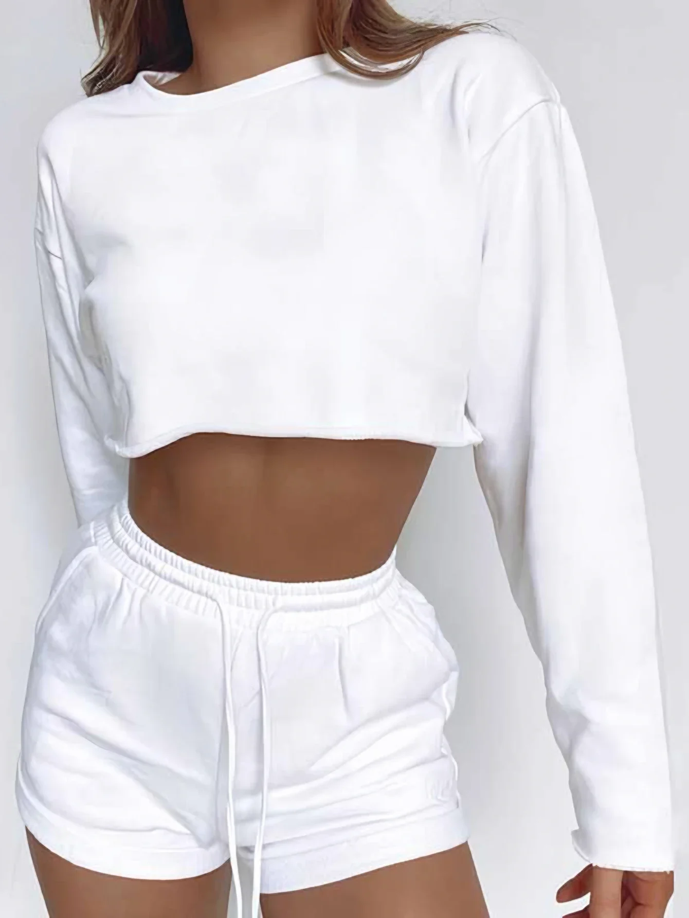 Women's Comfortable Long Sleeve Round-Neck Cropped Top with Elastic Waist Shorts Set Basic Plain Summer Autumn Outfit