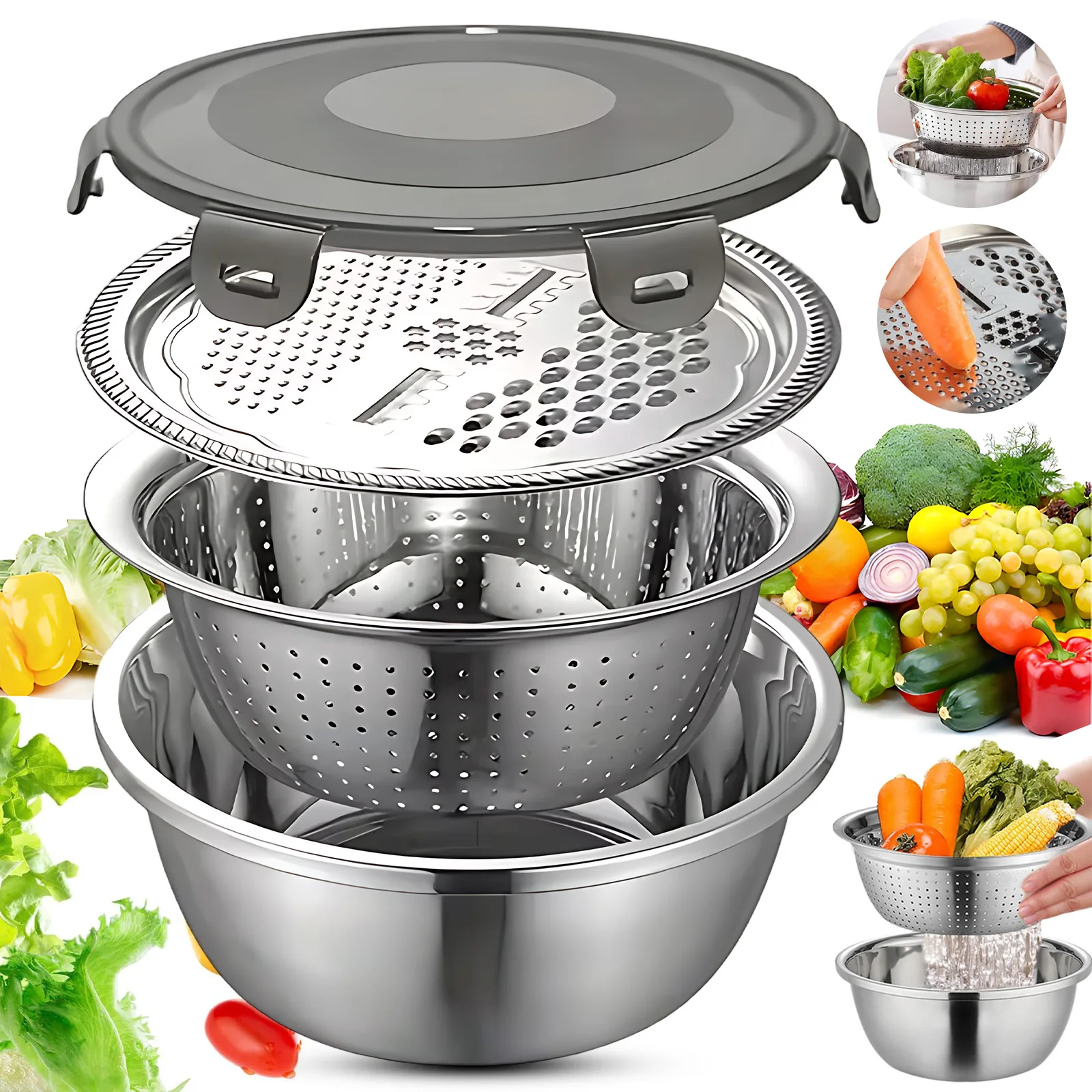 Multifunktionales Edelstahl-Küchenschüssel-Set mit Sieb, Reibe und luftdichtem Deckel, 4-in-1 Wasch-, Abtropf-, Reibe- und Aufbewahrungsschüssel für Gemüse, Obst, Lebensmittelzubereitung,