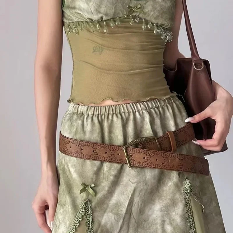 Retro literary ethnic style embossed leather belt for women; design sense with a dress belt; antique brass buckle versatile deco