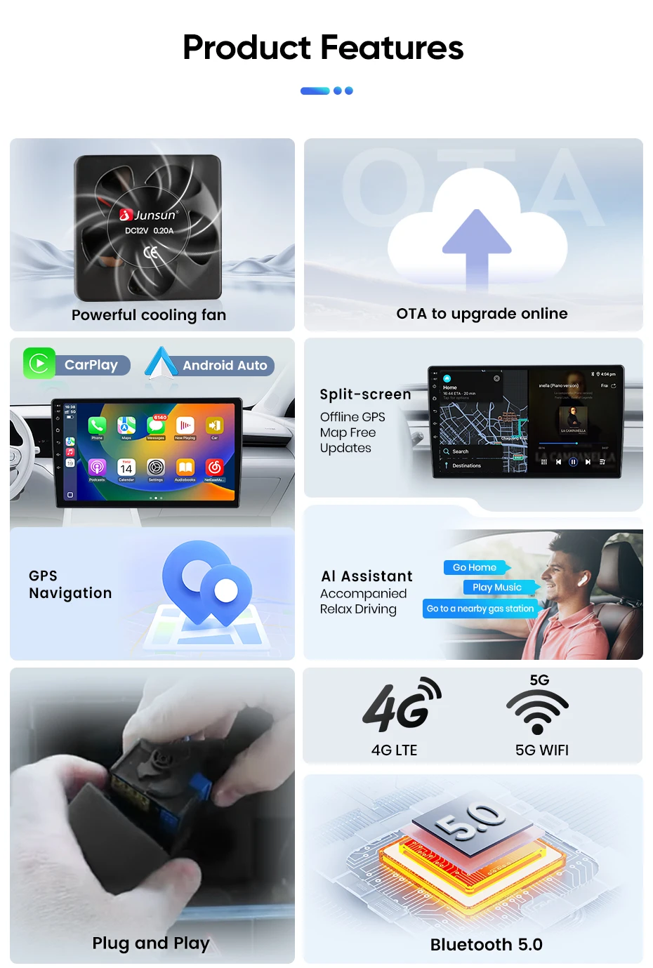 Junsun Kabelloses CarPlay Android Auto Autoradio für Opel Corsa F 2019 2020 2021 2022 2023 GPS Multimedia 2-DIN-Systeme Stereo – Detail 4