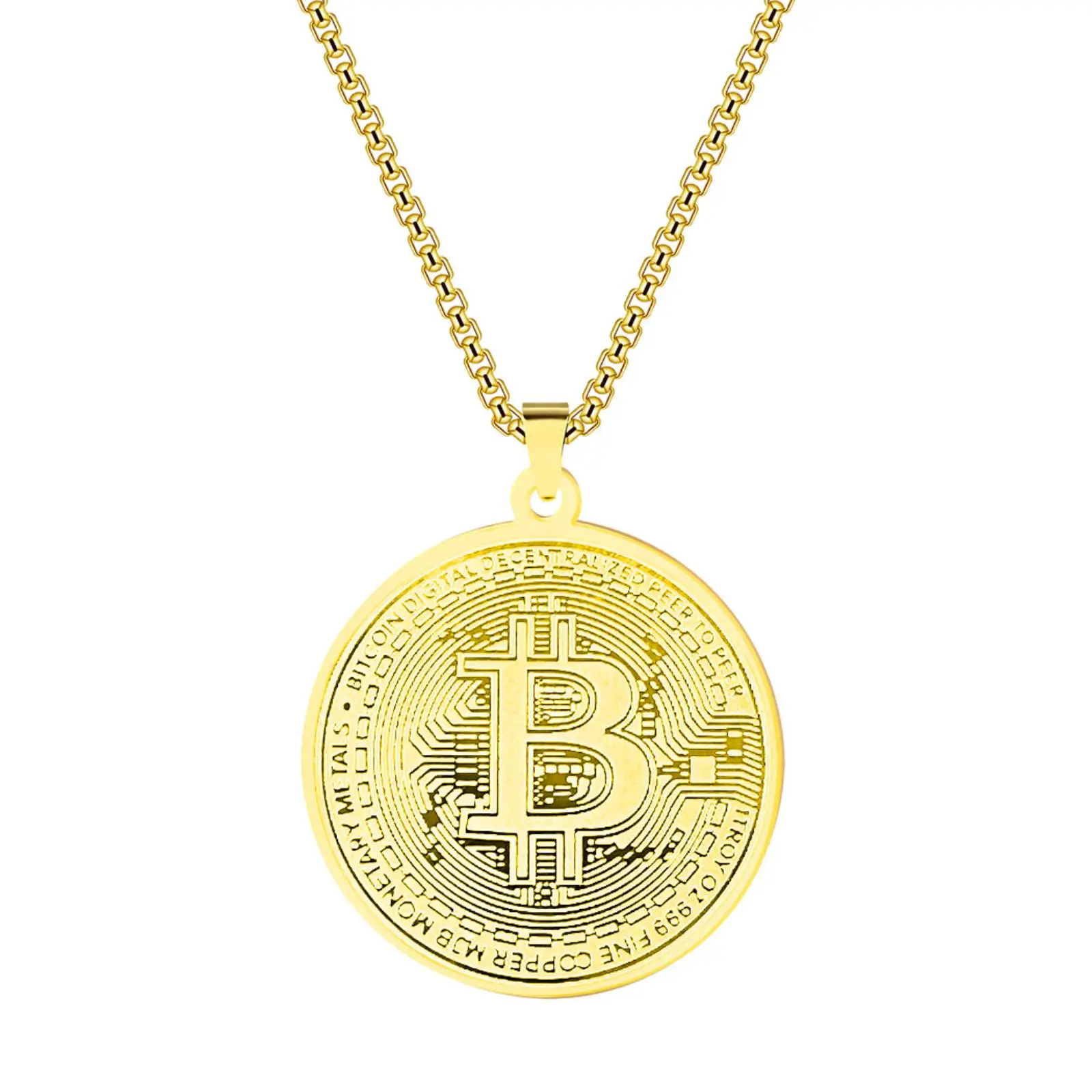 Bitcoin-Münzanhänger Halskette aus Edelstahl, Runde Medaille, Modisches Souvenir-Schmuckstück, Geschenk für Männer und Frauen – Detail 2
