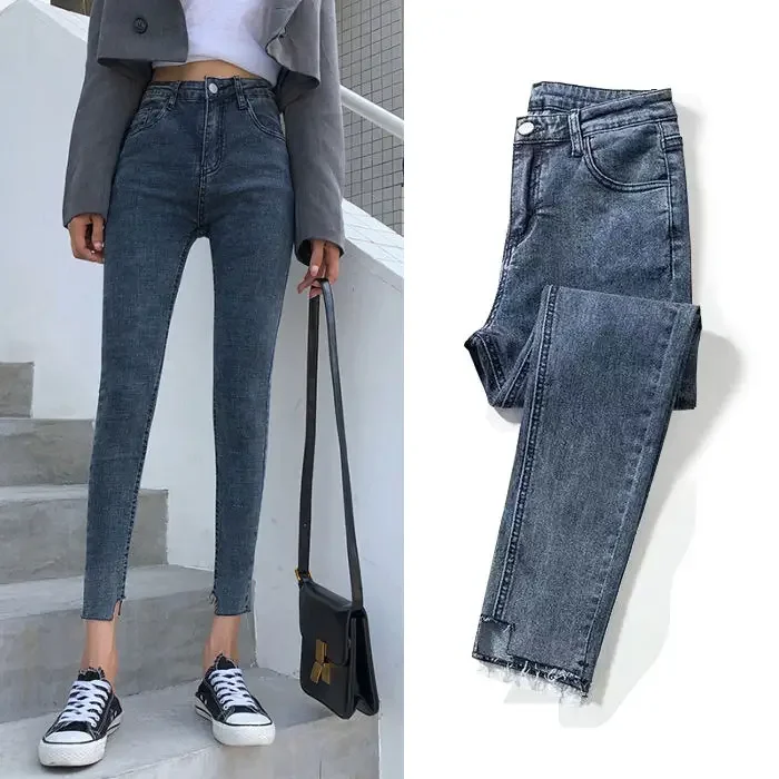 

Woman Jeans Pants Blue Gray High Waist Autumn Winter Skinny Pants Pantalones Vaqueros Mujer
