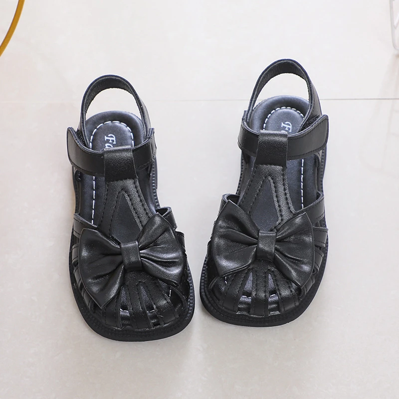 Cute Girls Sandals Bow Peep-toe 2024 New Soft Hook & Loop Beige Kids Princess Shoes Casual Shoes PU Cute Children Shoes Non-slip