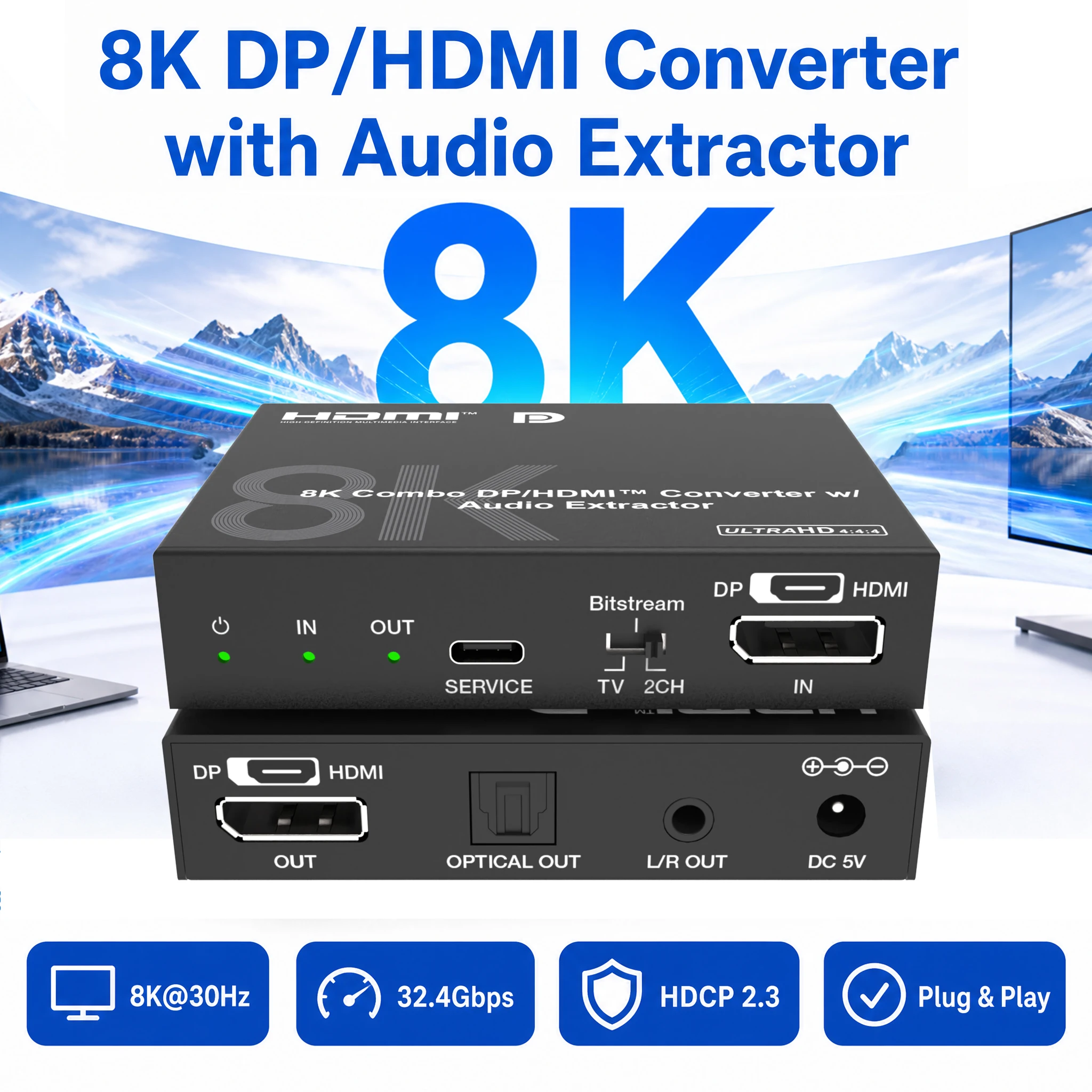 DP HDMI Mutual Converter 8K@30Hz 4K@120Hz DP To HDMI HDMI To DP Audio Extractor Optical L/R HDR Dolby Vision HDCP2.3