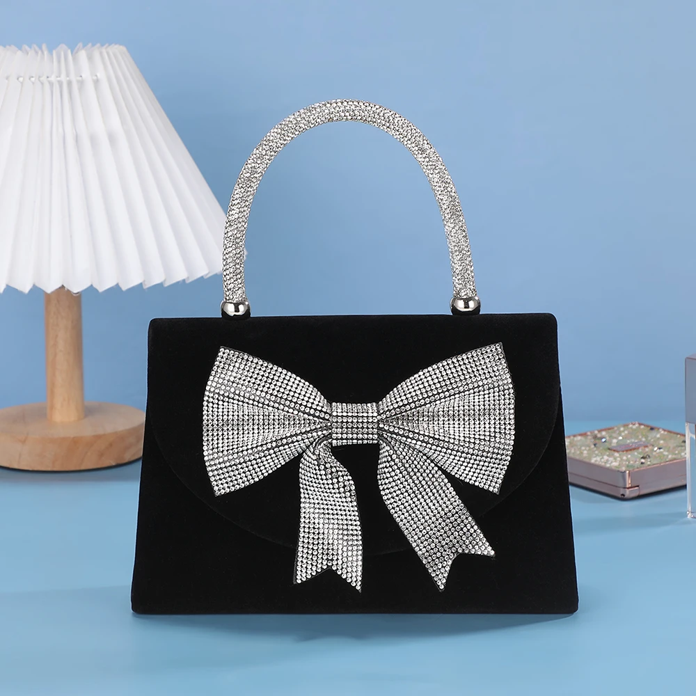 

New velvet rhinestone bow evening bag - high-end wedding banquet party handbag for socialites - stylish crossbody bag
