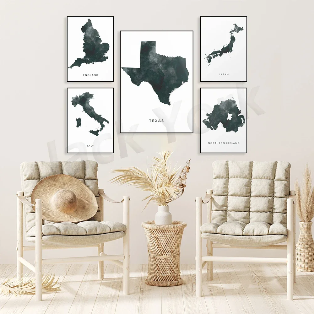 Canada, Wales, Japan, World, England, California, Northern Ireland, Texas, Italy map watercolor typography travel poster