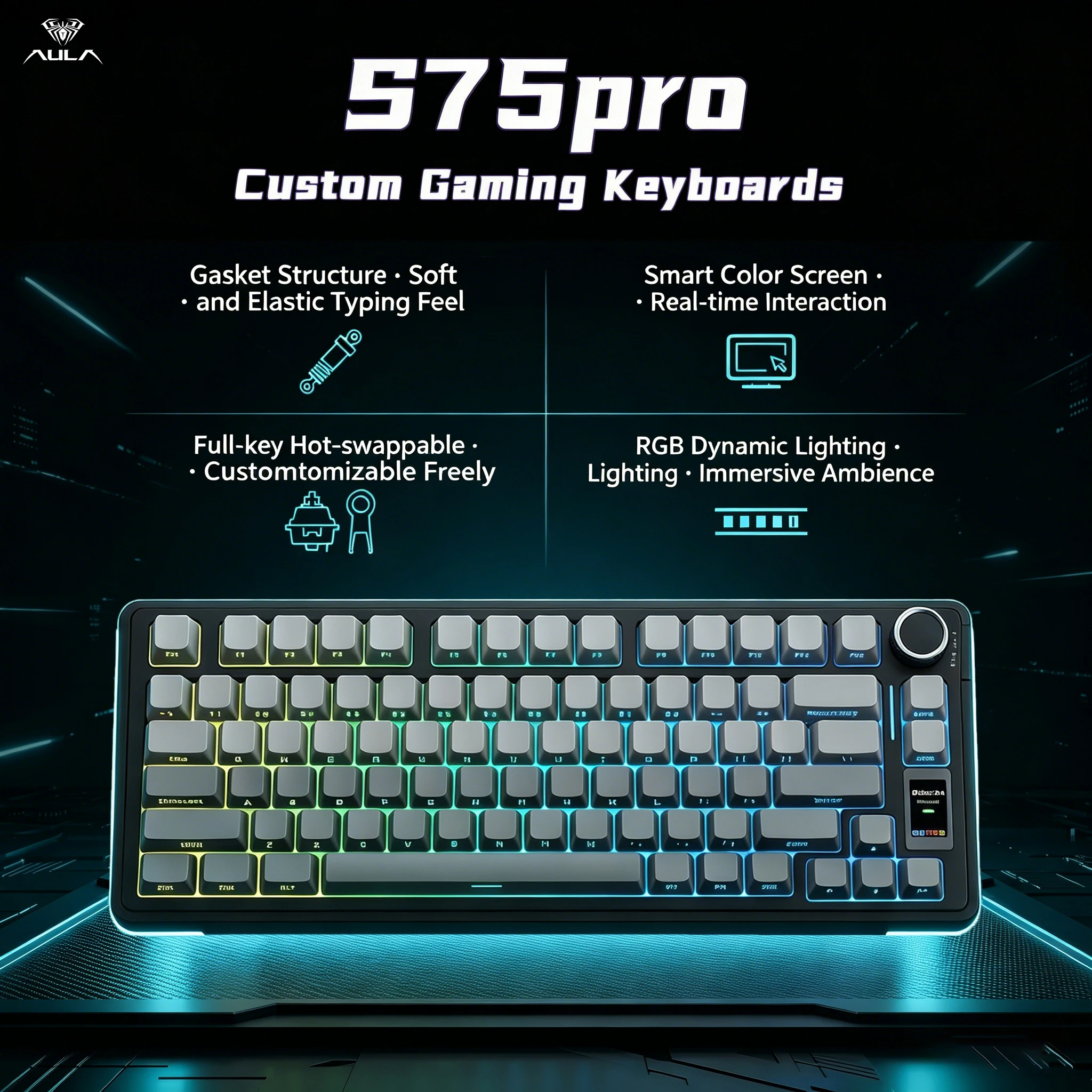 AULA S75pro wireless mechanical keyboard, supporting Bluetooth/2.4GHz/USB-C interface, equipped with RGB backlight, PBT keycaps,