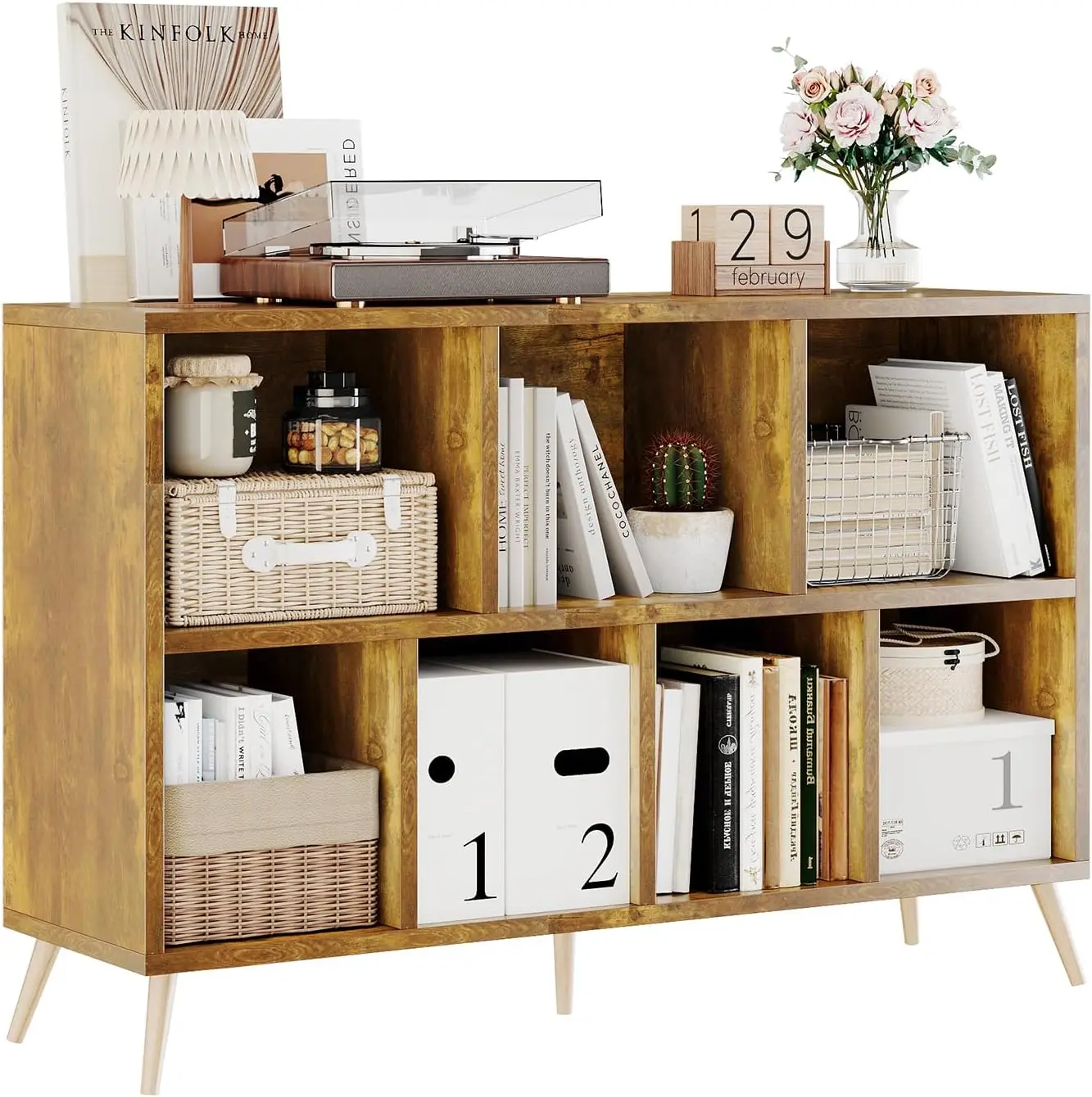7-Cube Storage Organizer with Natural Wood Legs, Mid-Century Modern Bookcase, Freestanding Toy Storage Bookshelf for Living