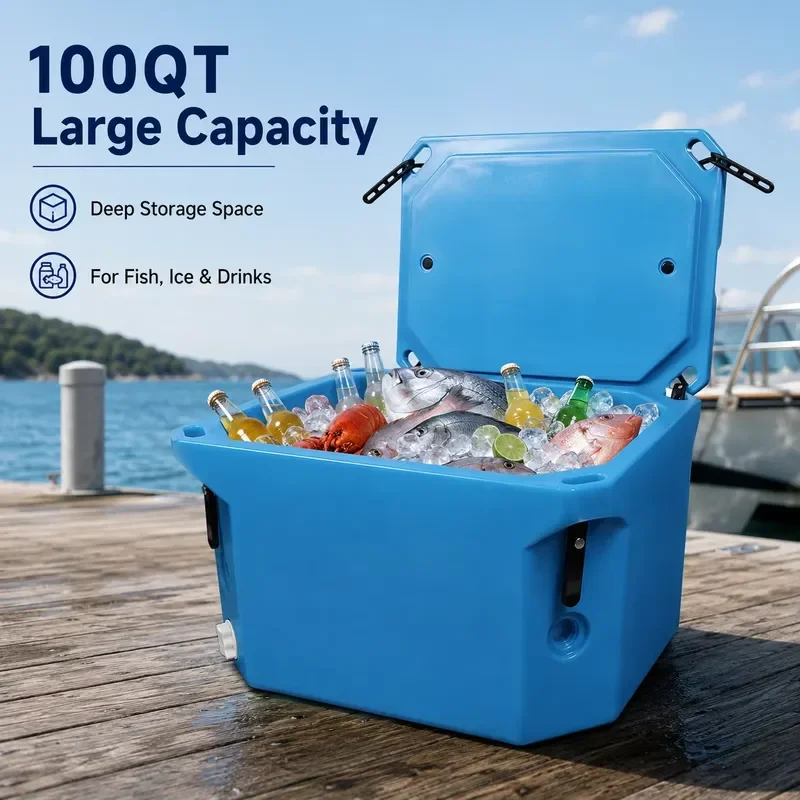 100L Modern Reusable Rotary Molded Cooler with PU Foam Insulation and Drain for Cold Chain Transportation Food and Wine