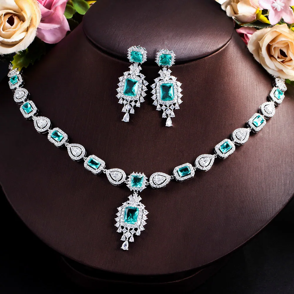 CWWZircons Fringed Drop Full Luxurious Cubic Zirconia Paved Women Wedding Big Necklace Earring Dress Jewelry Set for Brides T630