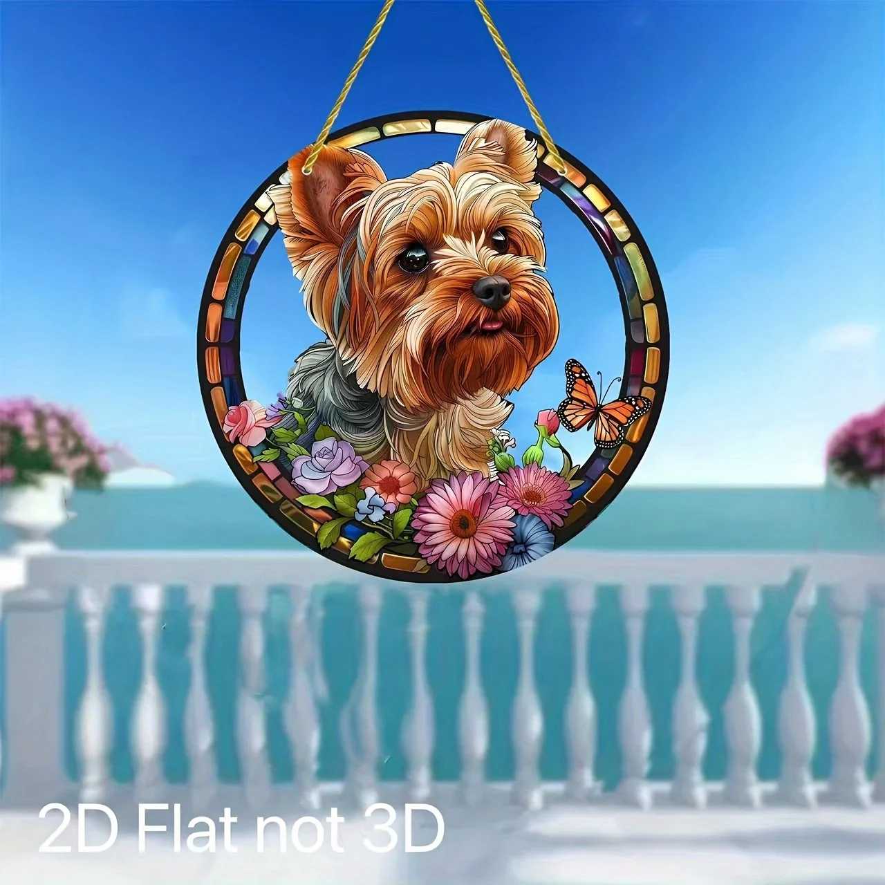 Acrylgemälde: Entzückender Yorkshire Terrier mit bunten Blumen und Schmetterling im Buntglas-Stil, runde Wanddekoration, 2D flach