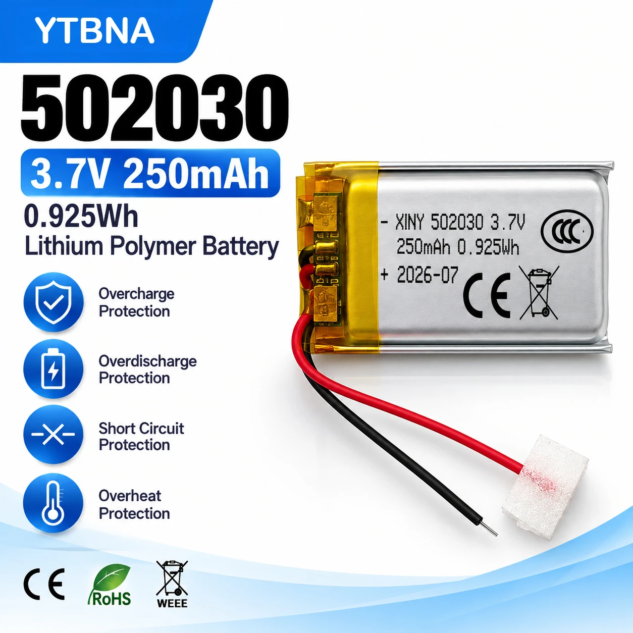 502030 Akku 3,7V 250mAh 502030 Polymer-Lithium-Ionen-Akku für Spielzeug, LED-Leuchten, Bluetooth-Kopfhörer