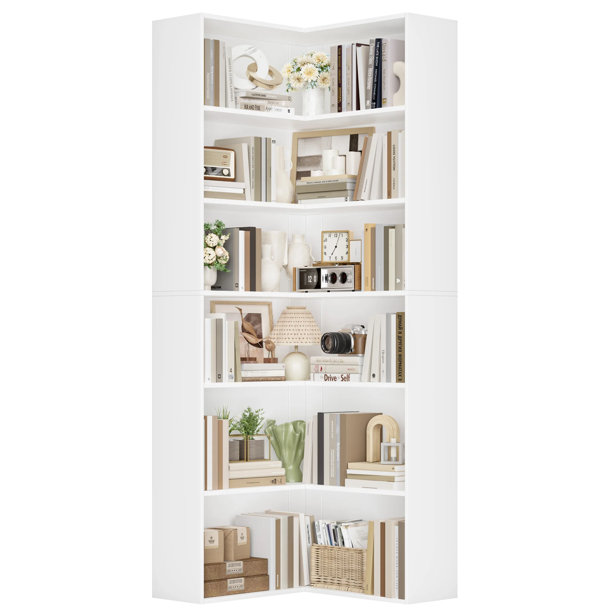 Getone Bibliothèque d'angle 186 cm, étagère à six niveaux, rangement, 75 x 28 x 186 cm