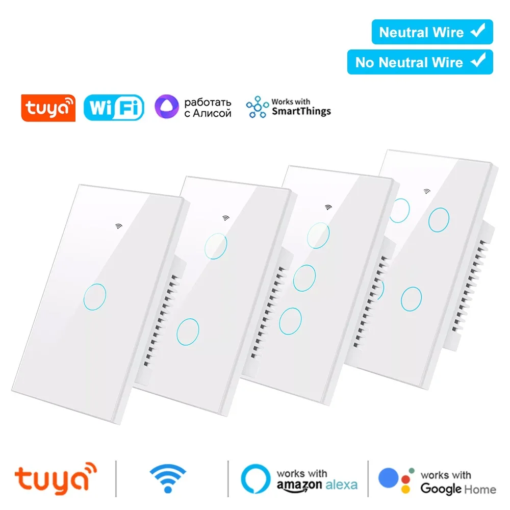 Tuya Smart WiFi+Bluetooth Wall Touch Light Switches No Neutral Wire Required Interruptor US 1/2/3/4 Gang for Alexa Google home