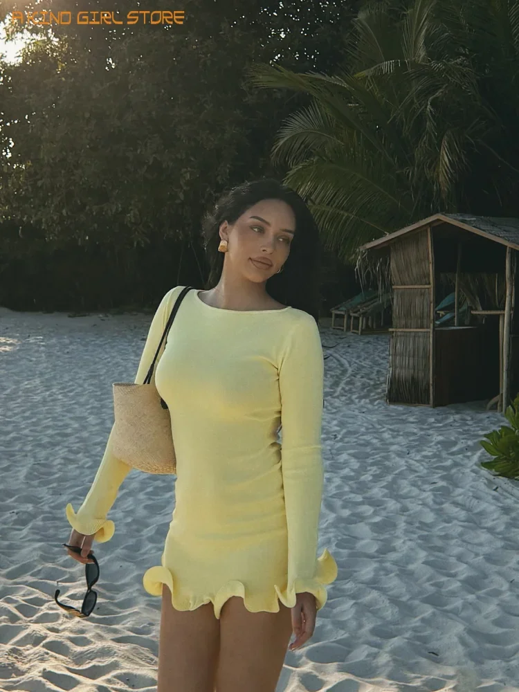 Femmes mode solide volants ourlet Mini robe élégante à manches longues taille haute robes minces 2025 été Vocation rue robes