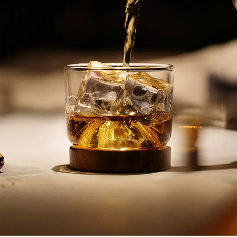 

2024 Mountain-shaped Wooden Bottom Glass Small Wine Glass Irish Whiskey Scotch Whisky Lovers Wine Thickened Glass