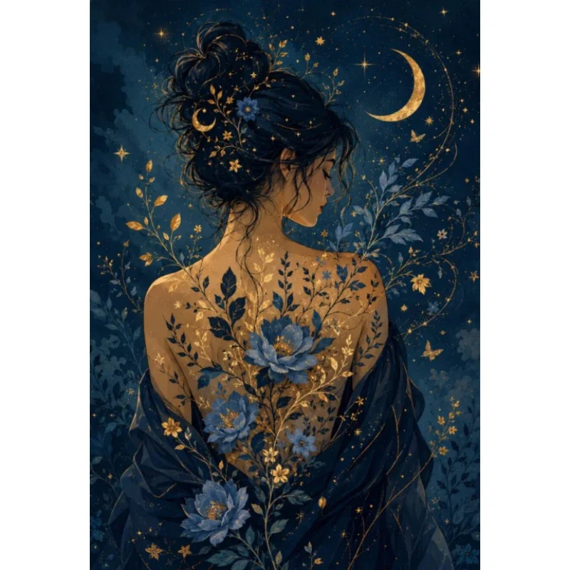 DIY Round/Square Diamond Painting DIY 5D Diamond Painting, Moon Goddess with Blue Floral Art, Hobby Craft for Home Wall Decor,