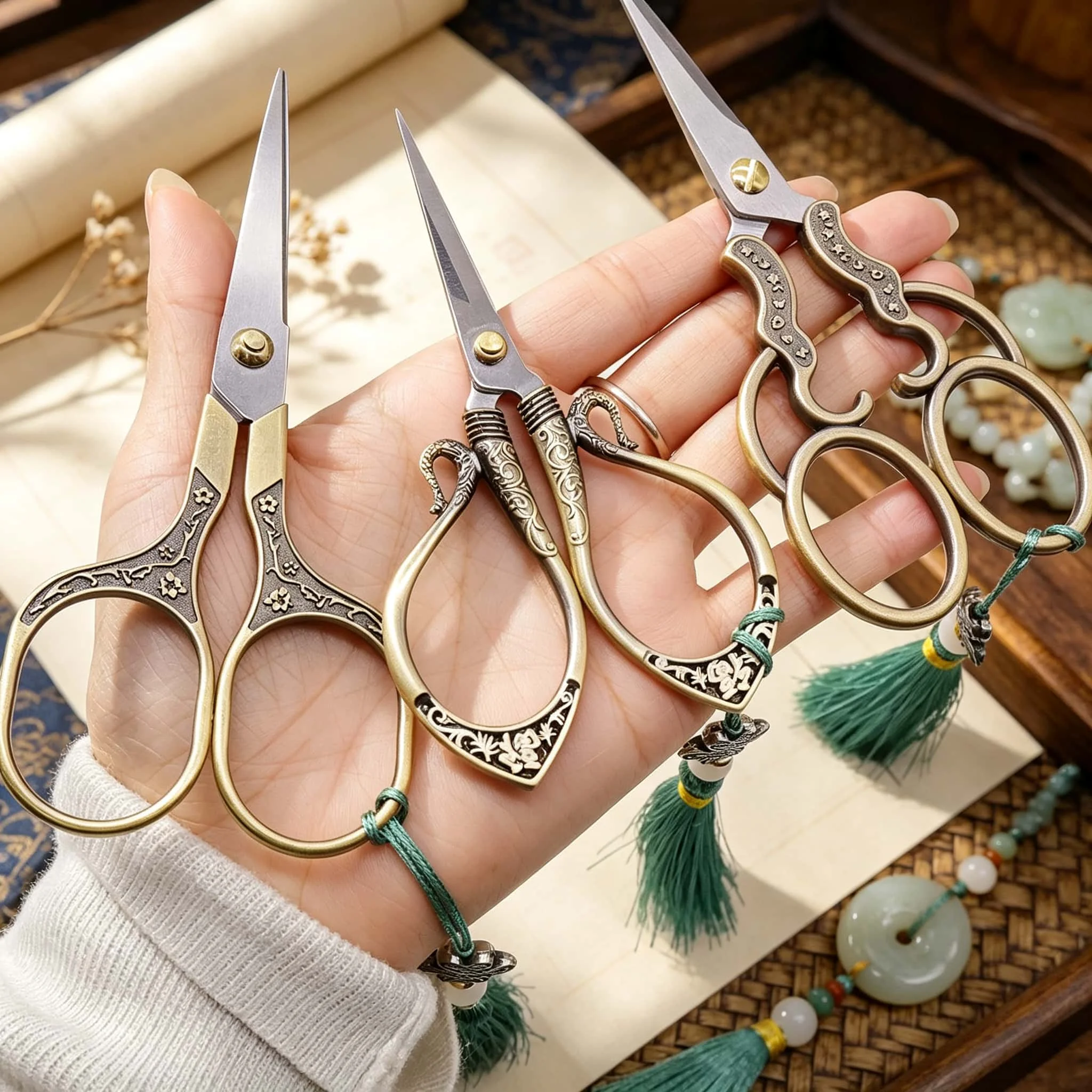 Vintage Sewing Scissors 3Pcs Set Stainless Steel Craft Thread Cutter with Protective Case Tassel for Embroidery Needlework