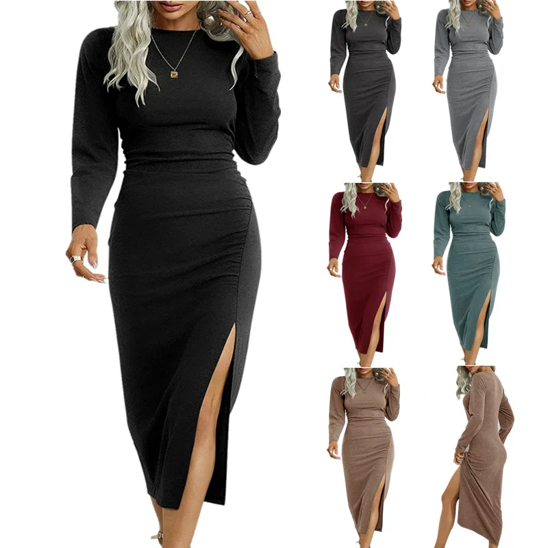 2023 Herbst/Winter neue solide Rundhals ausschnitt solide elegante bequeme Langarm Slim Fit Slim Fold Mid Taille Split Style Kleid