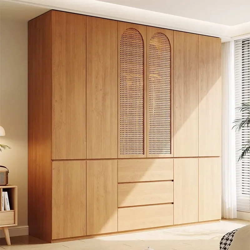 for All Solid Wood Wardrobe Oak Japanese Style Log Rattan Craftsmanship Locker Swing Door Segmented Handle Free Wardrobe