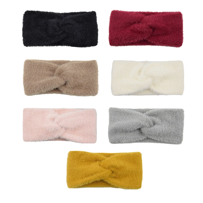 Solid Color Imitation Mink Cashmere Wide Headband Cross Knot Fluffy Bow Hairband Women Winter Ear Warmer Cycling Yoga Turban