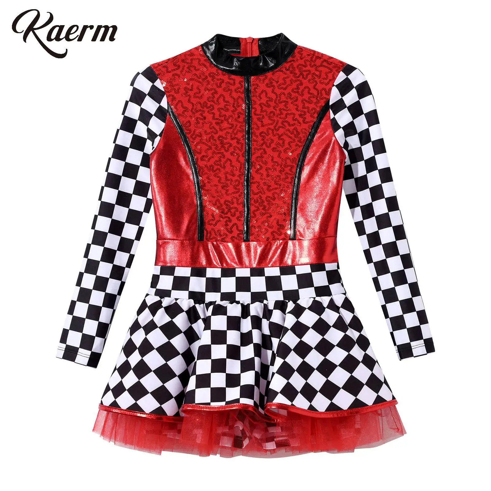 

Костюм гонщицы для девочек: комбинезон с длинными рукавами, пайетками и клетчатым узором, платье-пачка для Хэллоуина, вечеринки, ролевых игр