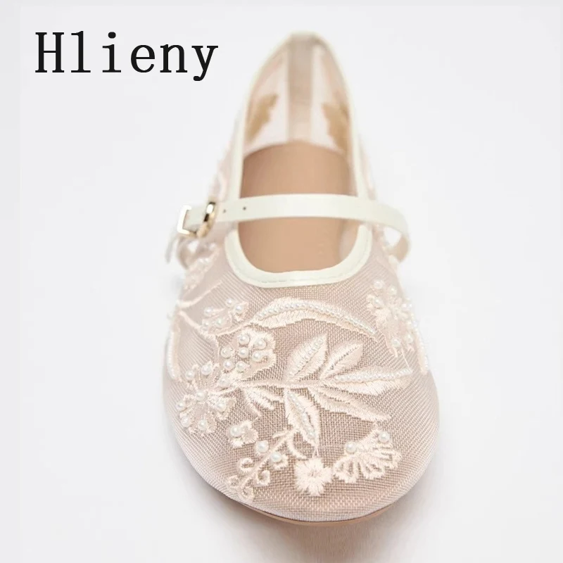 Hlieny Woman Design Embroidery Flowers Pearl Mesh Round Tor Buckle Strap Ballet Flats Loafers Ladies Mary Jane Shoe Mules Sandal image 3