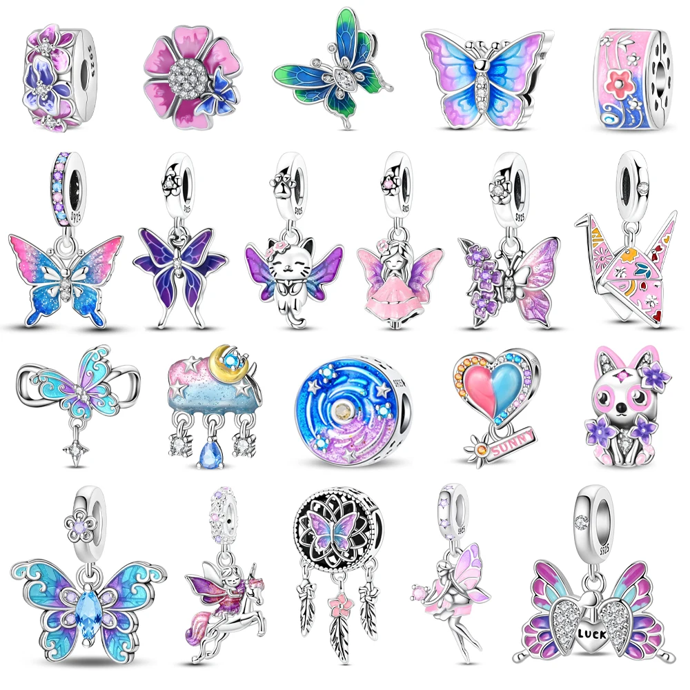 

Hot Sale 925 Sterling Silver Stars And Moon Beads & Butterfly & Engel Dangle Charm Fits Bracelet Cute Colorful Pendant Gifts