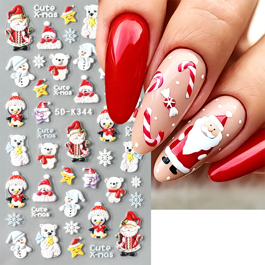 2pcs 5D Embossed Christmas Nail Stickers Santa Claus Penguin Snowman Snowflake Design Nail Art Decals Decoration Winter Manicure