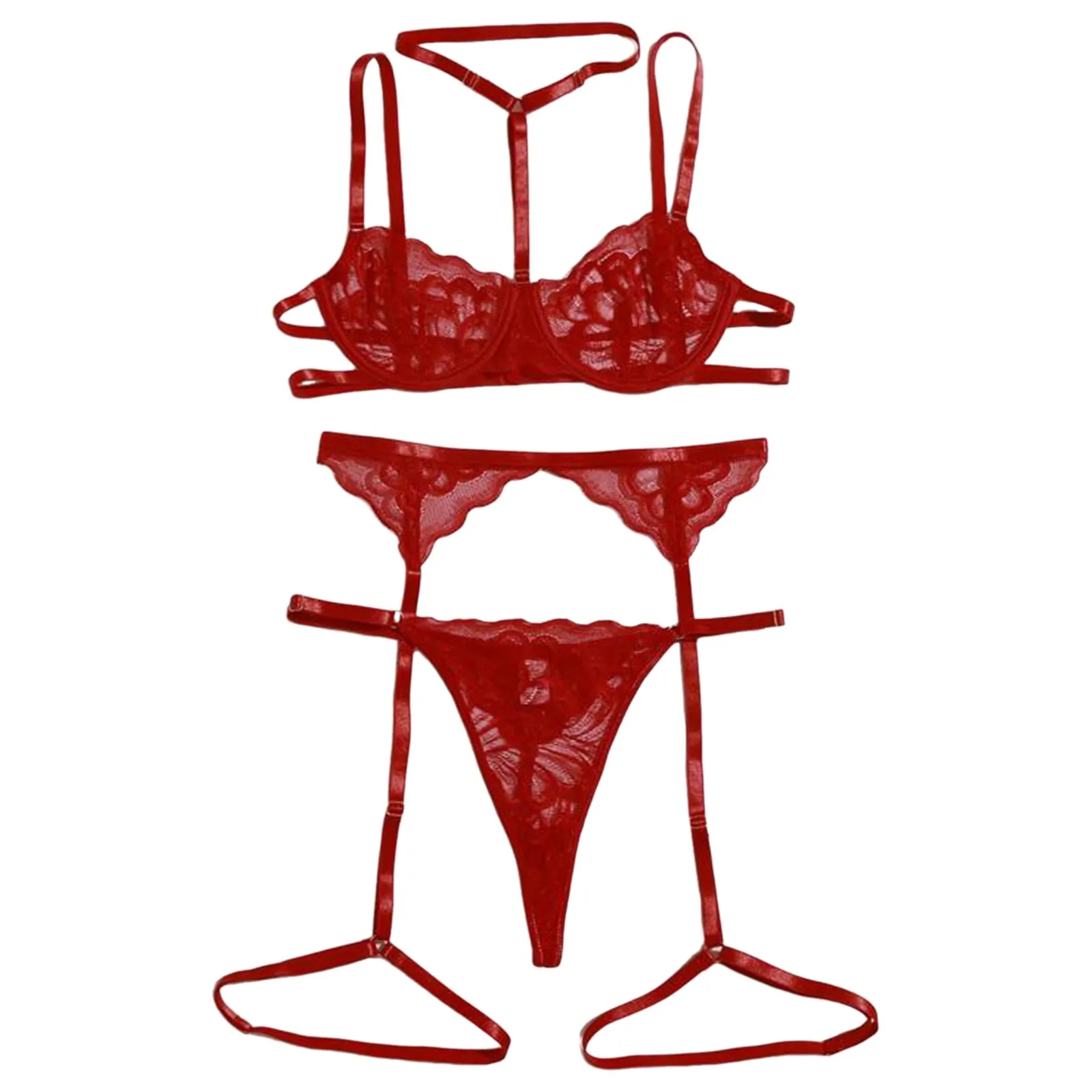 Women Exotic Halter Lingereis Thongs Set Porno Lenceria Sexy Lace 3 Piece Sets Push Up Bralette+G-string Breifs+Tie Waist Garter