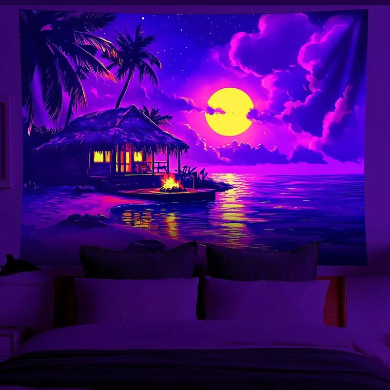 VIKAMA Fluorescent Tropical Coast Shack Bonfire Sundown Sea UV Glow Tapestry Hallucinogenic Wall Mural Decor Soft Durable Cozy