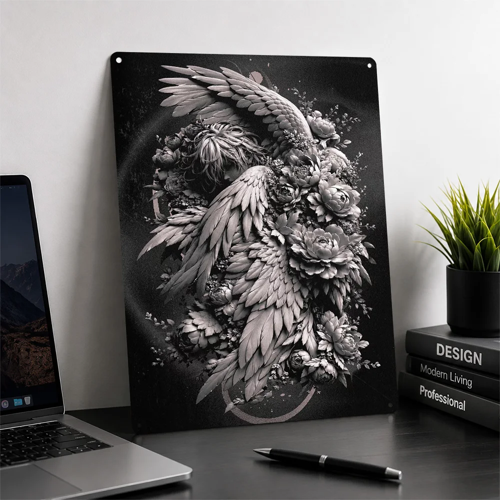 Angel Embraced By Floral Bloom 3D Texture Metal Poster Customized Wall Art Tin Sign Gift for Mancave Garage Accessories Room Bar