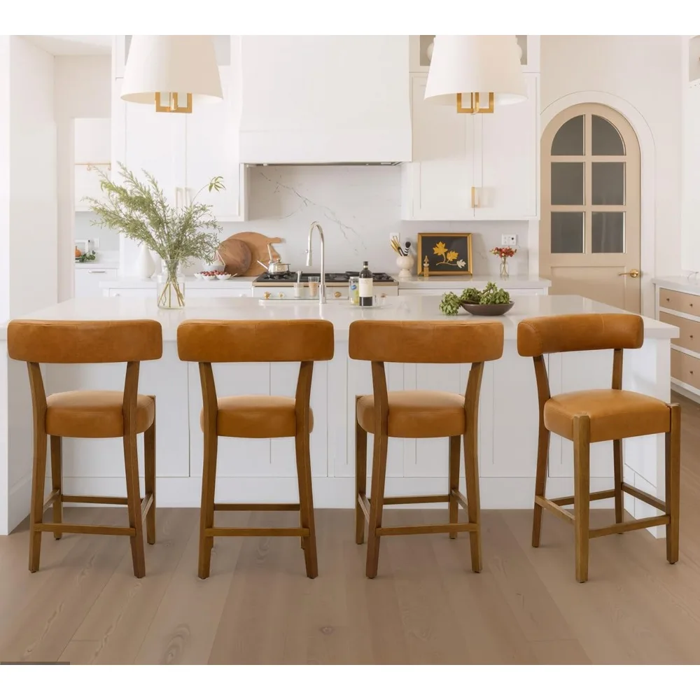

Bar Stool Set (4 Pieces), 26-inch High Bar Stools, Faux Leather Upholstered with Backrest and Wooden Frame, with Footrest
